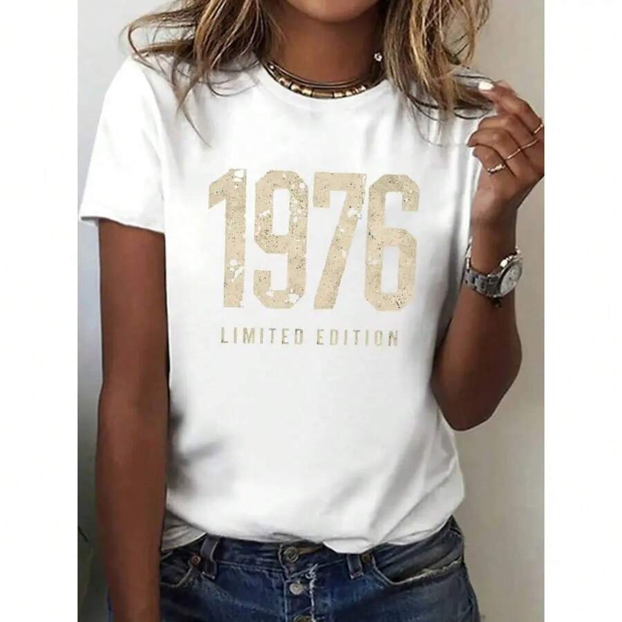 Camiseta de algodón de manga corta para mujer, con estampado gráfico vintage del año 1976, suave, transpirable, informal, ideal para ropa de calle de verano, regalo perfecto para cumpleaños o aniversario. - Blanco - Ver 1