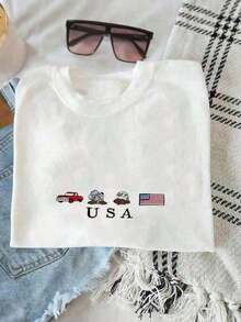Camiseta con iconos bordados de EE. UU., Camiseta de América, Camiseta del 4 de julio - Camiseta de manga corta, cuello redondo, estilo casual y de gran tamaño, tela suave y transpirable para fiestas navideñas y regalos. Conjuntos de verano 2026 para mujer, conjuntos de vacaciones para mujer, conjuntos de playa para mujer, atuendo para conciertos de country, atuendo para conciertos, ropa casual de negocios para mujer - Camiseta unisex de algodón, estilo callejero vintage, holgada, de manga corta y cuello redondo, 100% algodón. - Blanco - Ver 1