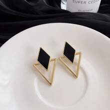 1 paire de boucles d'oreilles géométriques minimalistes à double couche, boucles d'oreilles avec design de bordure dorée élégante, boucles d'oreilles à éclaboussures noires, accessoires de voyage quotidiens - Doré - Voir 2