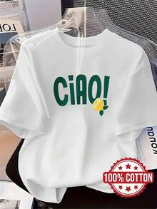 TH441 nueva camiseta para mujer, con estampado de letras CIAO, camiseta estampada casual y a la moda, 100% de cuello redondo y manga corta, absorbente de sudor y transpirable, ropa de casa casual, cómoda, elegante y única, adecuada para primavera, verano y otoño, camiseta deportiva versátil de manga corta, transpirable y absorbente de sudor, también se puede usar como capa base en otoño e invierno. - Blanco - Ver 1
