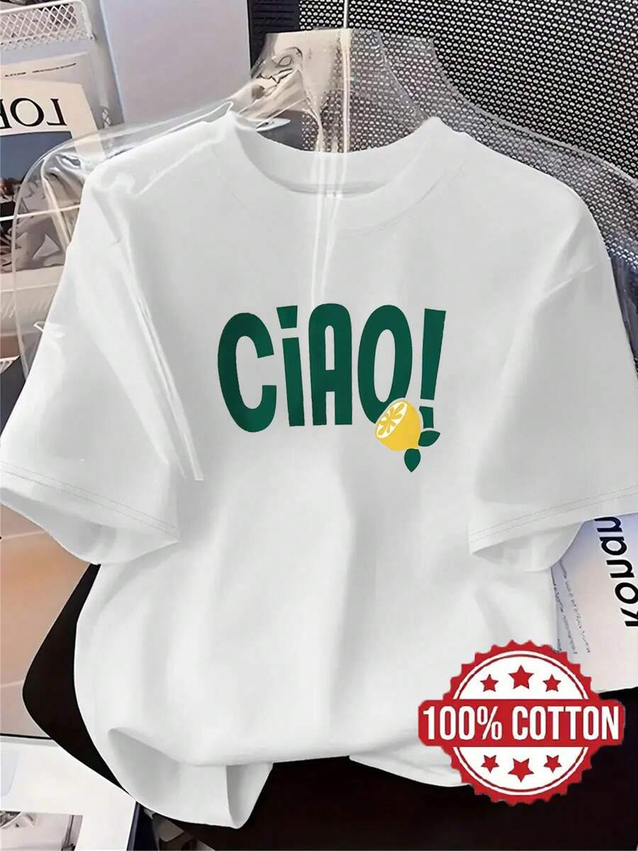 TH441 nueva camiseta para mujer, con estampado de letras CIAO, camiseta estampada casual y a la moda, 100% de cuello redondo y manga corta, absorbente de sudor y transpirable, ropa de casa casual, cómoda, elegante y única, adecuada para primavera, verano y otoño, camiseta deportiva versátil de manga corta, transpirable y absorbente de sudor, también se puede usar como capa base en otoño e invierno. - Blanco - Ver 1
