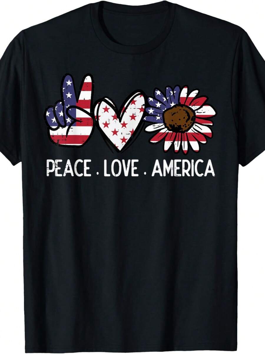 Camiseta patriótica Peace Love AM1erica US F1lag Fourth WoM1ens 4th of July. Camiseta unisex de algodón puro de 220 g, peso ideal para todas las estaciones, apta tanto para hombres como para mujeres. Tejido duradero de alta calidad, suave al tacto y de larga duración. Prenda transpirable, ideal para usar en otoño y en vacaciones. - Negro - Ver 1