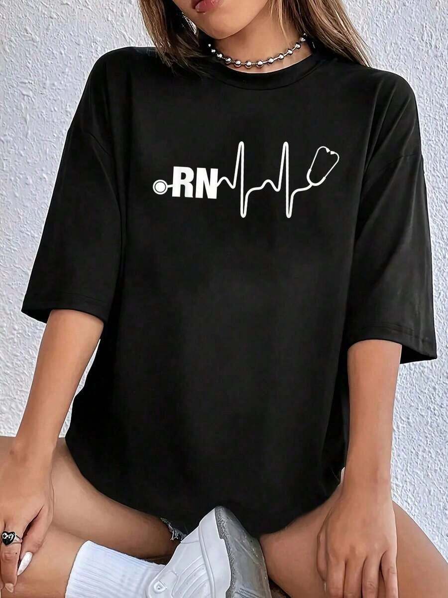 conjuntos de mujer2026RN Nurse - Camiseta de Enfermera con Estampado de Latidos del Corazón - Blusas de Verano, Ropa de Oficina para Mujer, Ropa de Vacaciones para Mujer, Camisetas de mujer - Negro - Ver 1