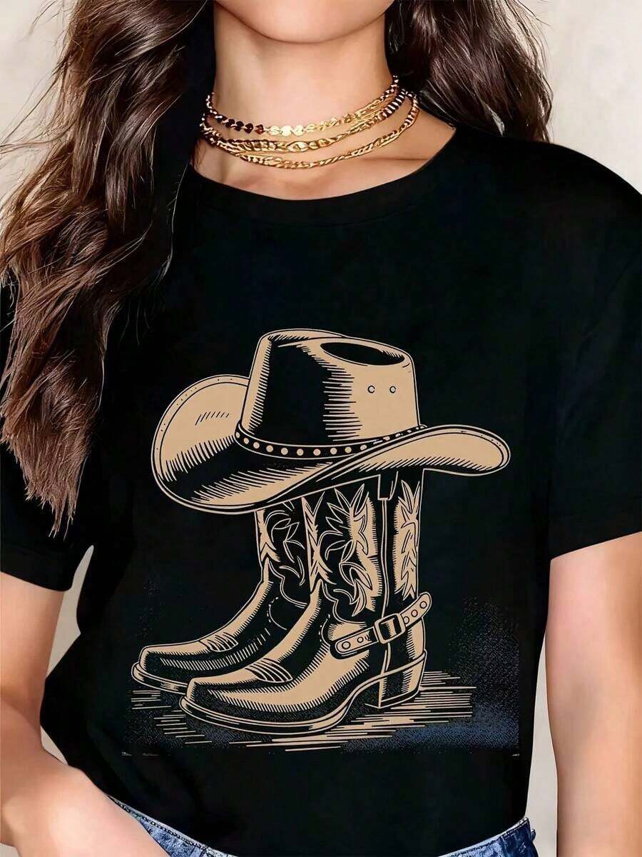 ropa de mujer Camiseta gráfica con estampado de sombrero y botas de vaquero del oeste para mujer, top casual de verano, camiseta de moda estilo country con diseño estampado dorado, camisas d - Negro - Ver 1