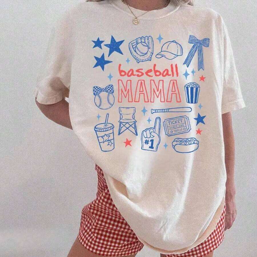 Camia de una sola pieza, Doodle Baseball Mama o para el Día del Partido - Linda camia estilo retro para mamá beisbolista, regalo, cuello redondo con estilo deportivo moderno, colores intensos, múltiples opciones de color, camia casual de verano para mujer, estilo vacacional, camia con temática de libros, estampados divertidos, festival de música, Pascua, Día del Maestro. Ideal para regalar. Camisetas para mujer, camisetas para hombre, camisas > Elegantes. Estilo bohemio. Blusas suaves, transpirables y cómodas para mujer, ideales para primavera, verano y otoño, perfectas para vacaciones, viajes y uso diario, y para ver partidos. - Blanco - Ver 1