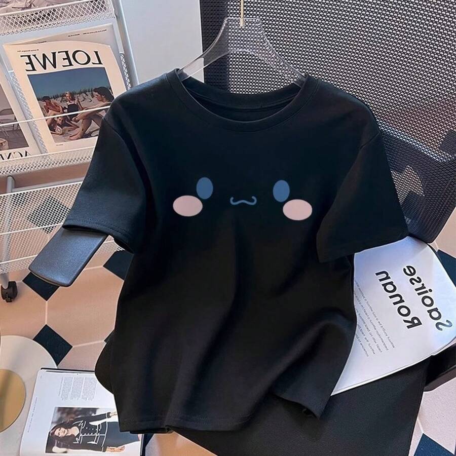 Camiseta con estampado de camisa casual para mujer, manga corta y cuello redondo, moda urbana local de primavera/verano camiseta unisex. 4LDF - 1656 Negro - Ver 1