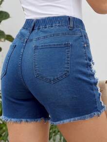 Shorts vaqueros para mujer de talle medio y elasticidad media, corte ajustado con recortes desgastados y cordón - Azul lavado oscuro - Ver 5