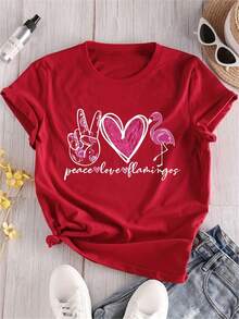 Camiseta de Moda de Talla Grande, Manga Corta, Cuello Redondo, con Estampado de Flamencos y Mensaje de Paz y Amor - Rojo - Ver 4