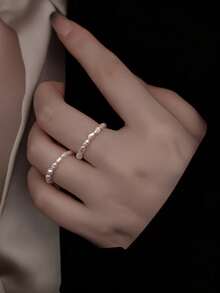 Juego de 3 anillos ajustables minimalistas con lazo y perla, joyería delicada apilable, regalo de Halloween para novia y hermanas - Plateado - Ver 2