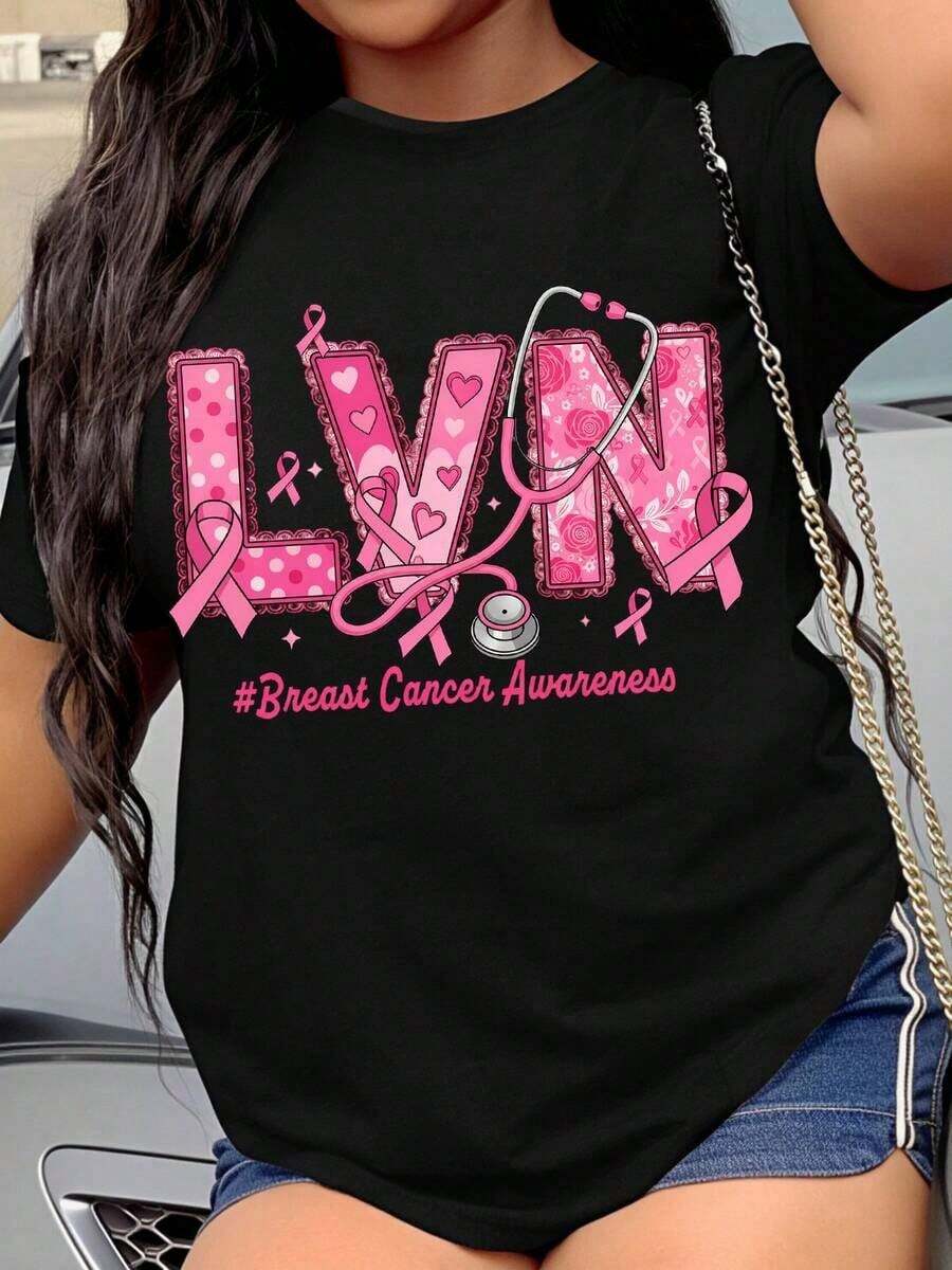 Women's Breast Cancer Awareness T-Shirt, Pink Ribbon And Stethoscope Design For Nurses, Healthcare Professionals And Supporters - màu đen - Xem 1