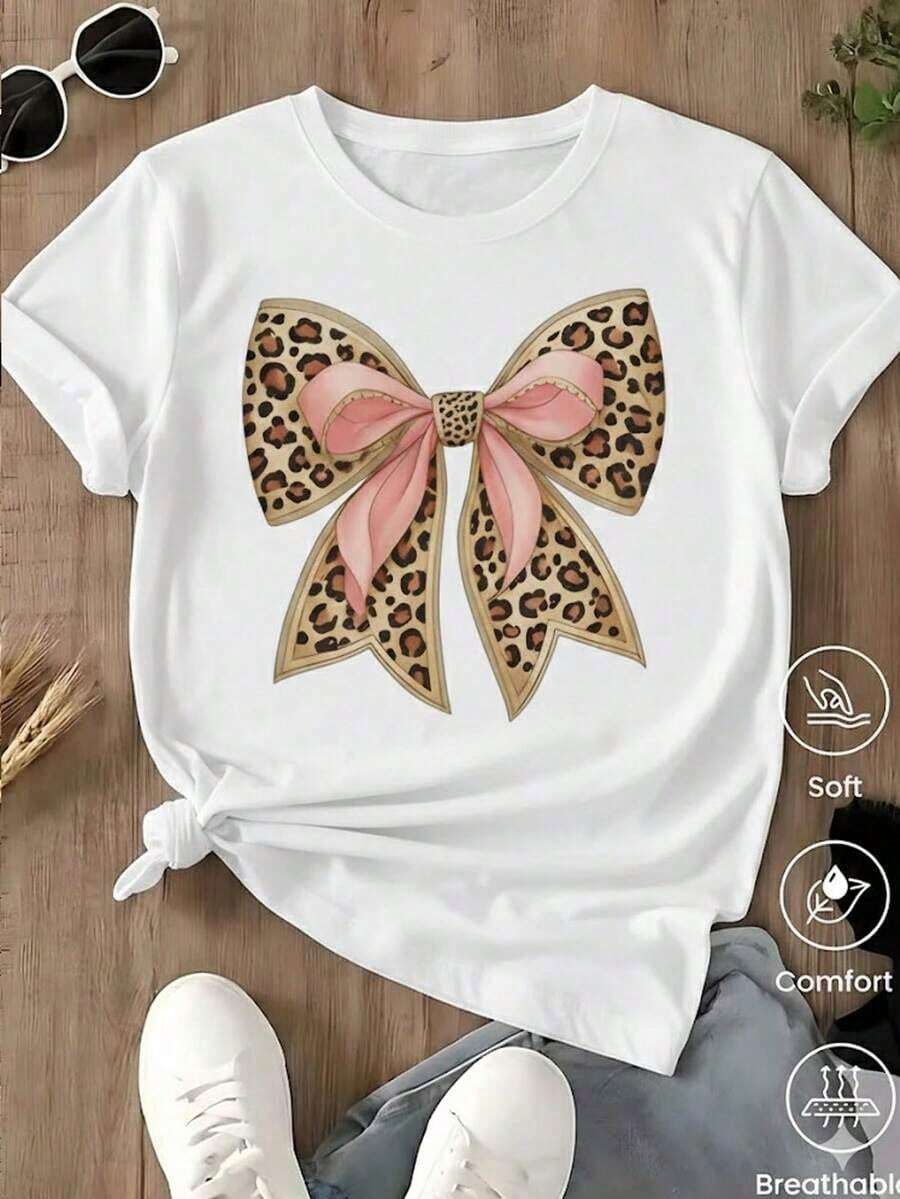 Mexican Basic 2026 Women's Black T-Shirt With Large Leopard Print Bow Graphic And Pink Bow, Coquette Aesthetic Short Sleeve Style T-Shirt, Modern Urban Fashion Top, Chiccool New Launch Casual Blouse - 白色 - 查看 1
