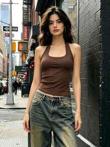 Women Halter Neck Tank Tops Sleeveless Solid Color Slim Fit Ribbed Summer Vest For Daily Vacation Beach - Coffee Brown - View 4