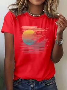 Camiseta con estampado de atardecer atmosférico junto al mar, top casual de manga corta y cuello redondo para verano y primavera, ropa de mujer. - Rojo - Ver 6