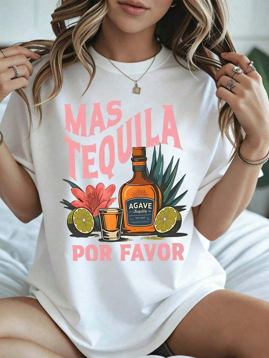Elegante y casual mujer manga corta,Women T Shirt Cinco De Mayo Mas Tequila Por Favor Bottle And Flower Print Black Casual Party Wear Summer - Blanco - Ver 1
