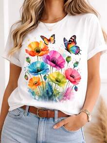 Camiseta suave 100% algodón para mujer, de manga corta, con estampado de flores en acuarela y mariposas multicolor, flores en tonos naranja, rosa, azul y amarillo combinados con mariposas de efecto arcoíris, estilo romántico y llamativo, cuello redondo, camiseta de algodón transpirable, combina con todo, genial. - Blanco - Ver 6