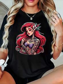 Camiseta de talla grande con estampado gótico - elegante cuello redondo, cabello rojo brillante y tatuajes, top casual de manga corta, ideal para regalar, camiseta de talla grande, playeras de mujer algodón, blusa negra para dama. - Negro - Ver 7