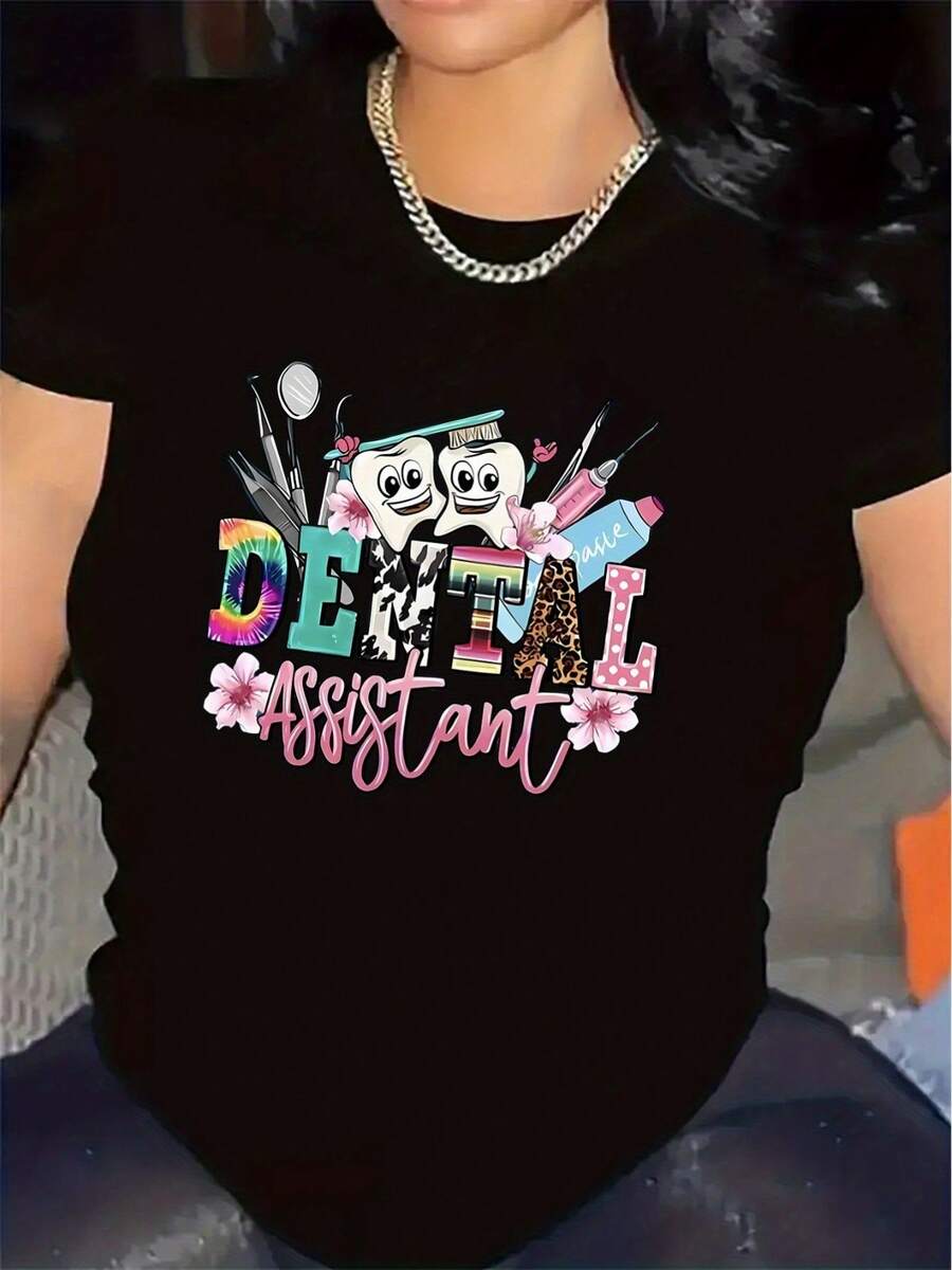 Camiseta de poliéster específica para asistentes dentales, duradera y cómoda, adecuada para uso en clínicas, con divertidos estampados de dibujos animados (incluyendo elementos florales y de herramientas), perfecta para el entorno laboral, fabricada con tela ligera y transpirable, elegante y práctica, diseñada específicamente para profesionales. - Negro - Ver 1