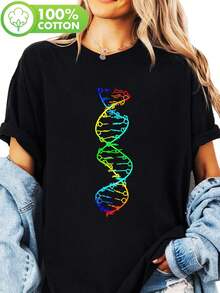 Camiseta de Mujer Oversize Extra Grande, Camiseta Negra de Mujer con Estampado Vibrante de Helix de ADN, Manga Corta, Cuello Redondo, Casual y Cómoda para Primavera y Verano, Ropa Casual, Top con Estampado Vibrante, Camisetas para Salir para Mujer - Negro - Ver 12