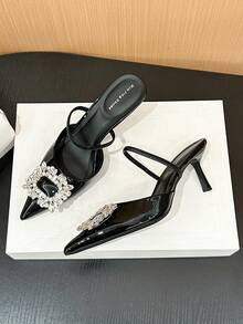 Xin Jing Shoes 女士优雅尖头水钻搭扣露趾凉鞋，性感时尚绑带通勤派对中跟凉鞋 - 黑色 - 查看 11