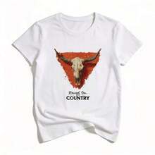 Linda Camiseta de Algodón para Mujer, Manga Corta, Cuello Redondo, Corte Regular, con Gráfico de Calavera de Estilo Country Occidental, Camiseta Fresca de Verano, Estilo Unisex - Blanco - Ver 5