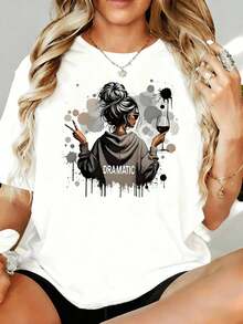 Camiseta Gráfica con Diseño de Mujer Dramática con Copa de Vino y Símbolo de la Paz para Mujer, Camiseta Casual de Talla Grande, Camiseta de Moda, 180g, para Ocio, Hogar, Aire Libre, Regalo para el Día de San Valentín o Fiesta - Blanco - Ver 7