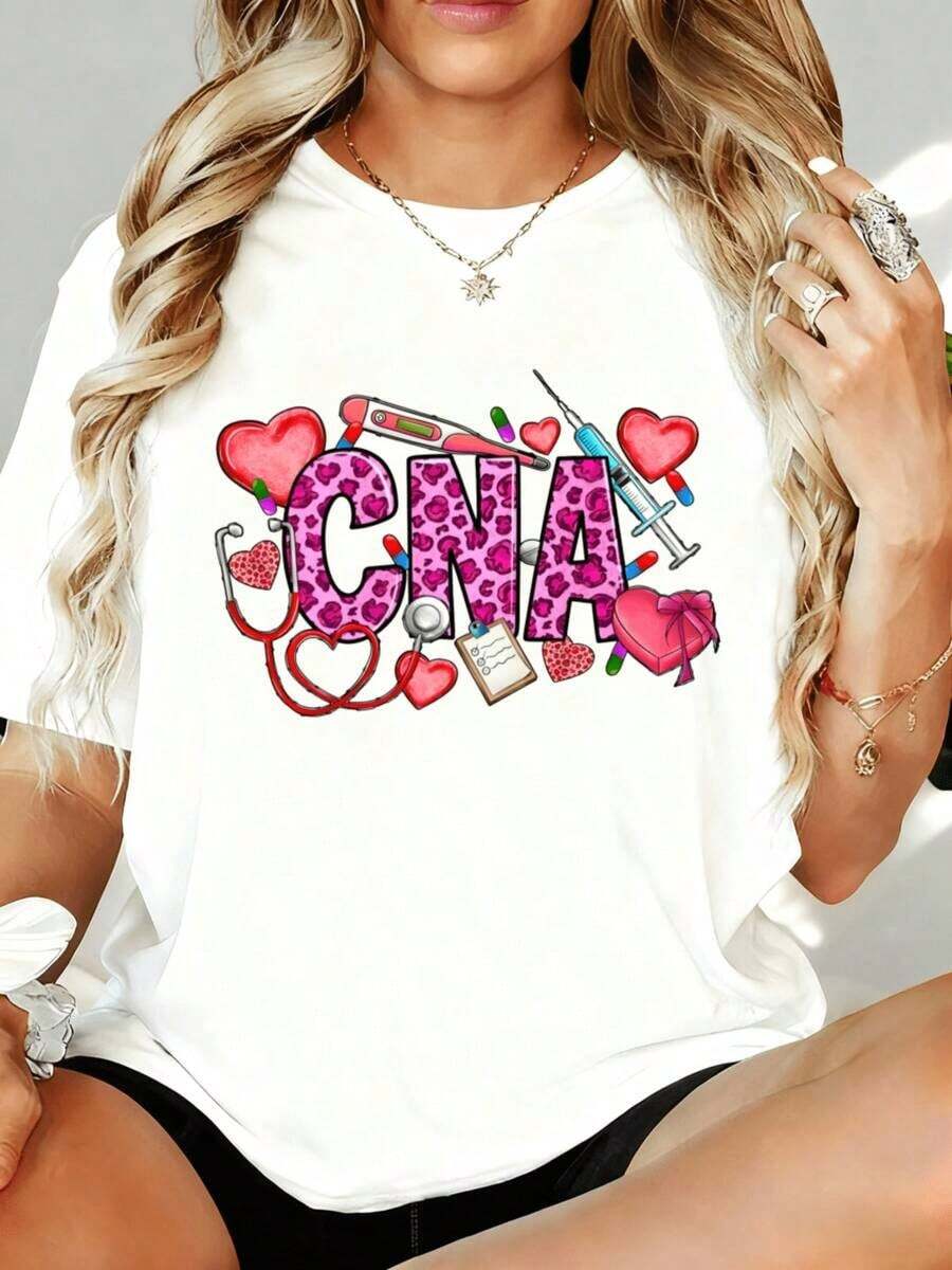 Camiseta Blanca para Mujer con Estampado de Leopardo, Estampado de Estetoscopio y Jeringa, para Enfermeras Asistentes Certificadas, 180g, para Ocio, Hogar, Aire Libre, Regalo para el Día de San Valentín o Fiesta - Blanco - Ver 1