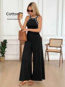 Mono de pierna ancha con contraste en el escote y la cintura, de tela de algodón cómoda, uso casual, relajado y elegante para la oficina/vacaciones para mujeres, primavera/verano - Blanco - Ver 4