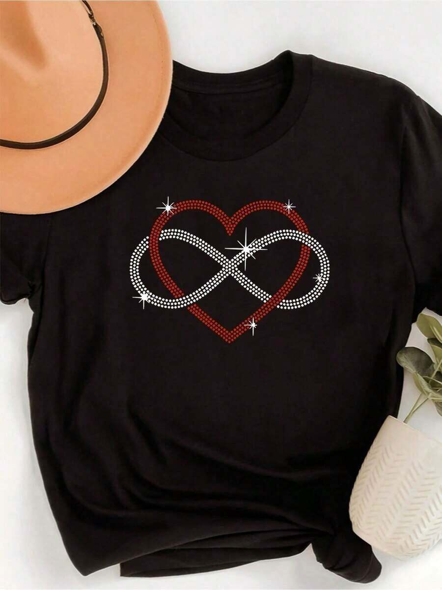 Camiseta de Mujer con Corazones de Pedrería, Manga Corta, Cuello Redondo, Estilo Casual, Lavable a Máquina, Top Negro para el Día de San Valentín, Ropa Casual para Todo el Año, Disponible en Stock. - Negro - Ver 1
