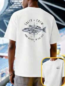 Men's Crew Neck T-Shirt 100% Cotton T-Shirt Salty Crew Compass Fish Spring T-Shirt, Casual, Breathable, Eye-Catching Print, Double-Sided Print - 白色 - 查看 5