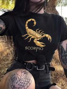 Camiseta con Estampado del Horóscopo de Mujer Escorpio - Estampado de Manga de Escorpión en Negro y Dorado, Cuello Redondo, Ligera, Casual, Ropa Astrologica para Mujer Escorpio, Moda Diaria, Transpirable y Cómoda para Pascua, Halloween, Día de Acción de Gracias yás. - Negro - Ver 9