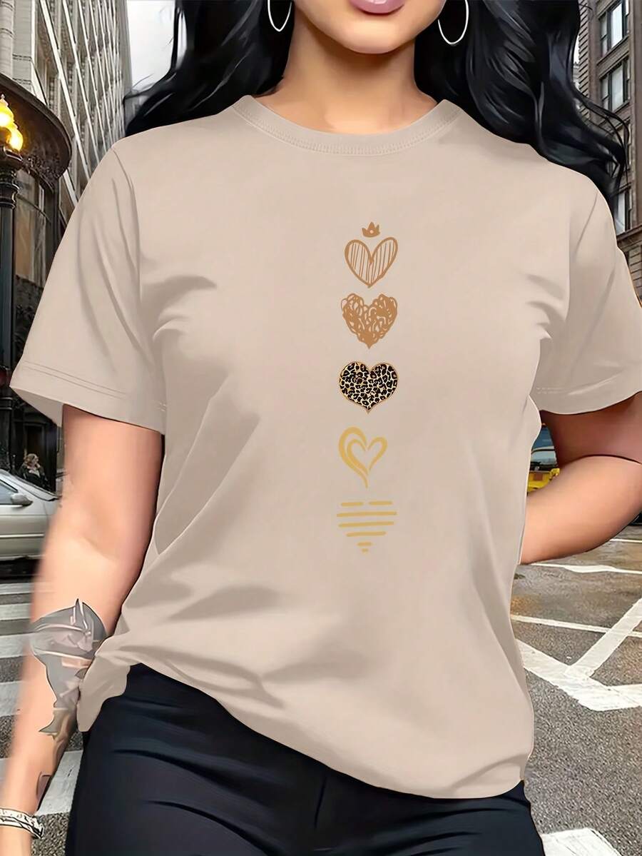 T-Shirt With An Artistic Heart Print Featuring Multiple Designs. Modern And Breathable, Suitable For Family Trips, College Activities, Casual Sports, Daily Commutes, Matching Sister Outfits-A Versatile Tee. E89T - 杏色 - 查看 1
