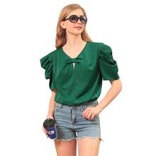 Summer Women's Solid Color Puff Sleeve Bow Slim-Fit Sweet And Short-Sleeve Top - Green - View 6