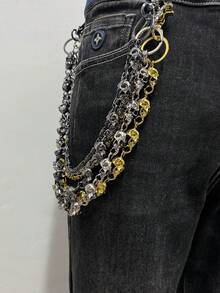 1pc Gothic Style Skull Decor Double-Layer Pants Chain, Suitable For Men And Women Daily Wear (Golden Color, Black Buttons And Rings Are Normal) - Multicolor - View 2