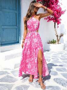 Vestido largo con estampado floral, sin mangas y con diseño calado en la cintura, para vacaciones - Rosa - Ver 3