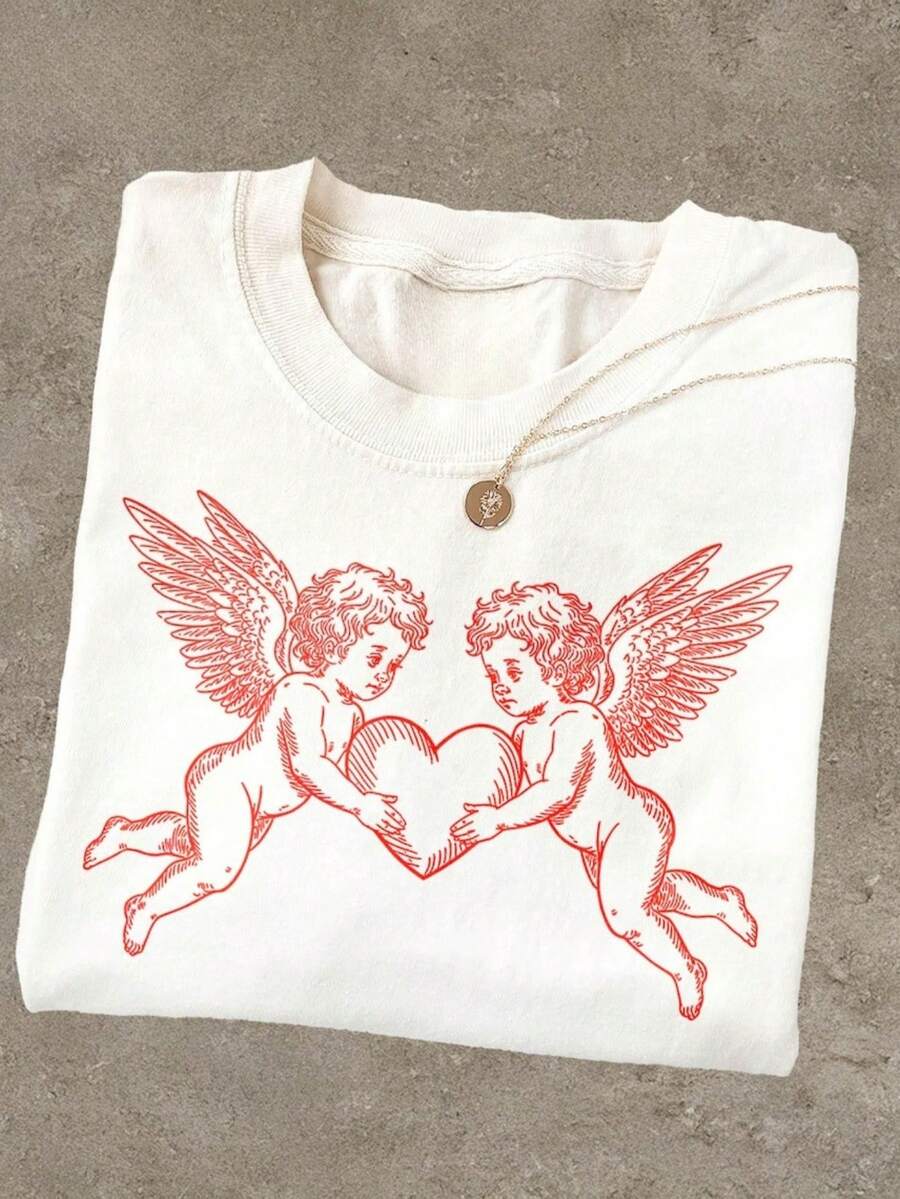 1 Vintage T-Shirt With Angel And Cupid Heart Design - Unisex Soft Aesthetic Style T-Shirt With Angel Wings And Cupid's Bow And Arrow Design, Casual Round Neck Top In Red-Brown Color, Valentine's Day Gift, Suitable For All Seasons, 180g 100% Cotton. - 白色 - 查看 1