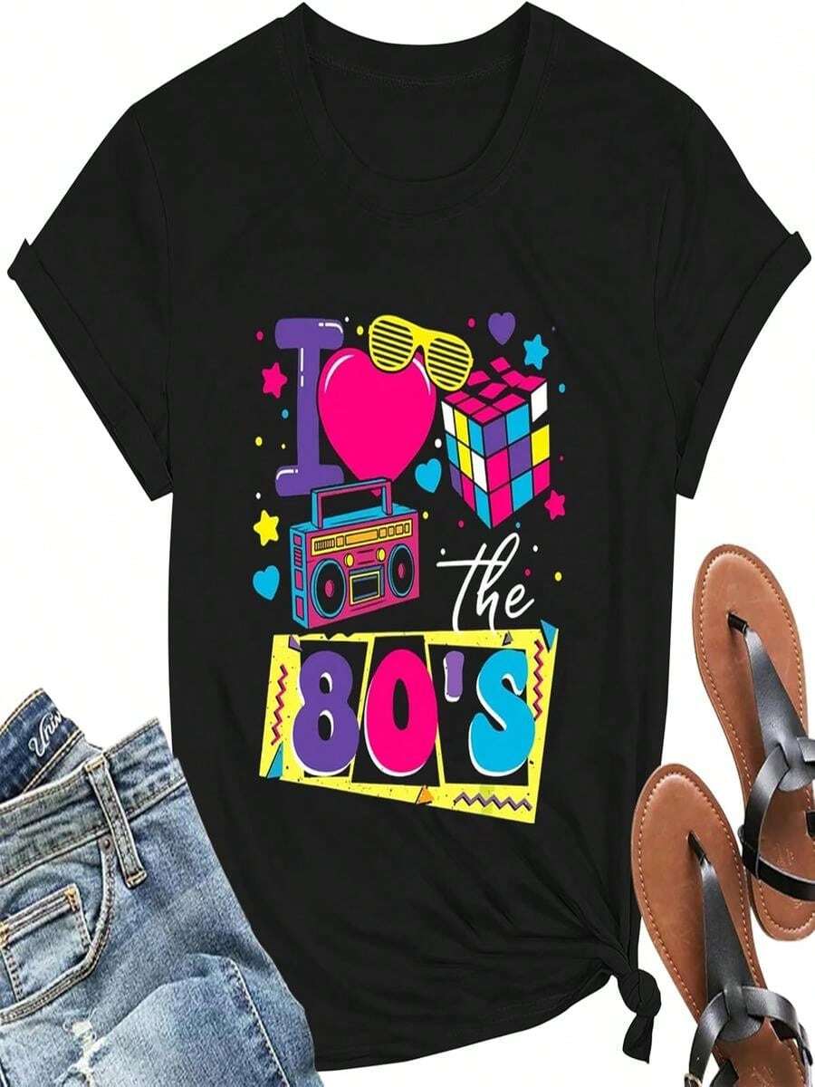playera de manga corta con dise?o de I Love The 80's para mujer, estilo clásico de los a?os 80 - Negro - Ver 1