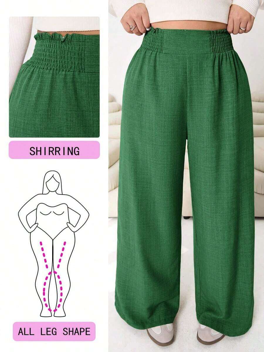 2026 Primavera/Verano Nuevos pantalones casuales para uso diario, fiestas, ir al trabajo, volver al colegio, citas, en casa, fiestas de cumpleaños, para múltiples ocasiones, con cintura elástica holgada, pernera ancha, color beige, talla grande - Verde militar - Ver 1