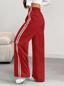 Pantalones informales de mujer con pierna suelta y efecto de contraste de color, para primavera/verano - Rojo - Ver 2