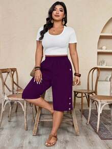Pantalones cortos casuales y versátiles de talla grande para mujer, de unicolor, con cintura elástica y bolsillos - Morado - Ver 6