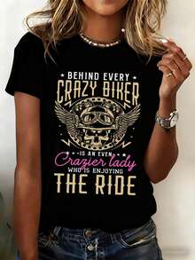 Camiseta para mujer con estampado de moto divertido, tela suave y corte holgado casual. Ideal para amantes de las motos y perfecta como regalo de cumpleaños y Halloween - Negro - Ver 2
