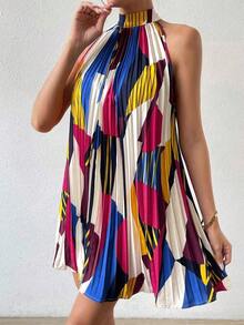 Vestido plisado con hombros abiertos y estampado para vacaciones, conjunto de ropa de playa para vacaciones - Multicolor 3 - Ver 3