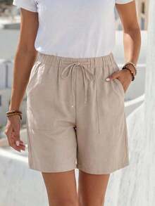 Bermudas, unicolor, con bolsillos laterales, corte holgado, longitud hasta la rodilla, cintura media, estilo básico - Albaricoque - Ver 3