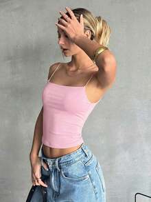 Camiseta De Tirantes Corta Sin Espalda Y Ajustada Con Un Solo Color Para El Verano - Rosa - Ver 5