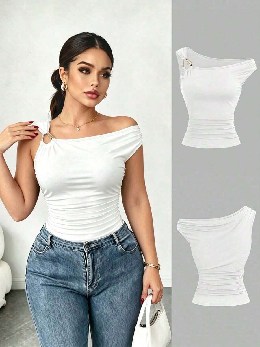 Camiseta ajustada con cuello asimétrico talla grande, top casual versátil, primavera/verano - Blanco - Ver 1