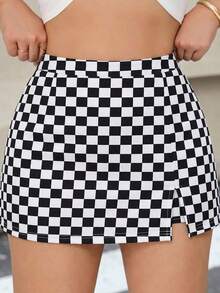 Minifalda de unicolor negro minimalista con diseño de falda pantalón para mujer talla grande, ropa casual de uso diario para invierno - Blanco y Negro - Ver 1