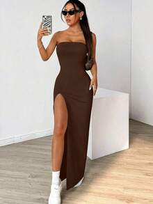 Vestido de ajustado para mujeres con muslo dividido y sin tirantes de unicolor - Marrón - Ver 8