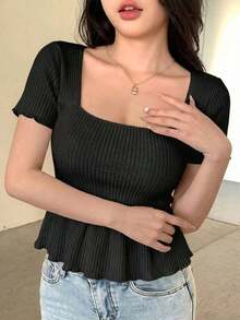Blusa casual de mujer con cuello cuadrado, manga corta, silueta acampanada y tela texturizada, top sexy y lindo - Negro - Ver 3