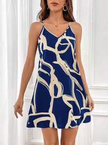 Vestido casual con estampado de contraste y tirantes para ir al trabajo de mujer - Azul marino - Ver 3