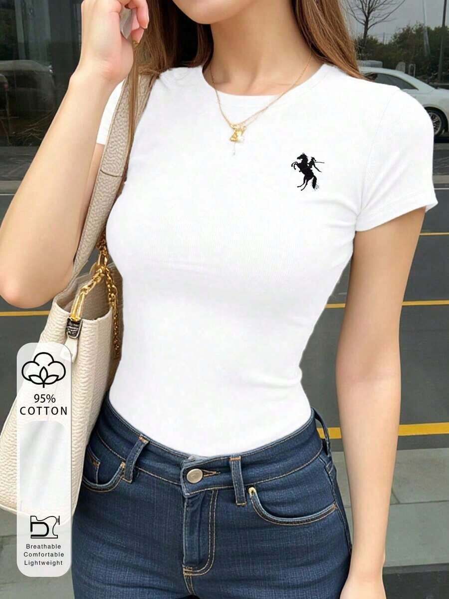 Camiseta casual de manga corta y cuello redondo ajustada para mujer, color café - Blanco - Ver 1