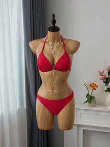 Conjunto de bikini liso, sujetador push up y parte inferior de bikini, traje de baño de 2 piezas - Rojo - Ver 3